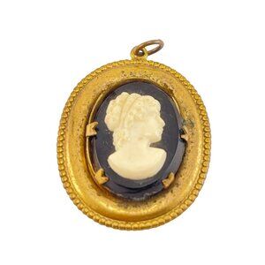 Victorian Revival Cameo Pendant Brooch Brass Oval Black and Cream
